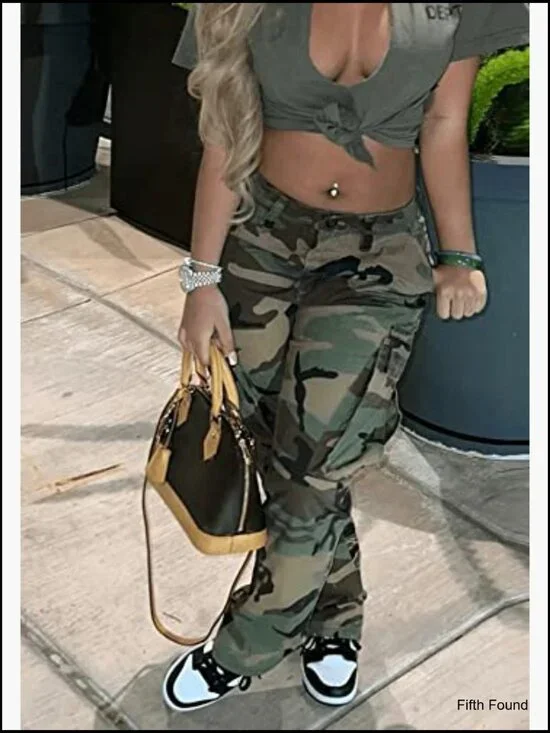 High Waist Camo Cargo Pants Slim Fit Elastic Trousers with Pockets - Picture 6 of 7